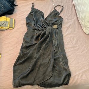 Faux wrap mini dress with buckle